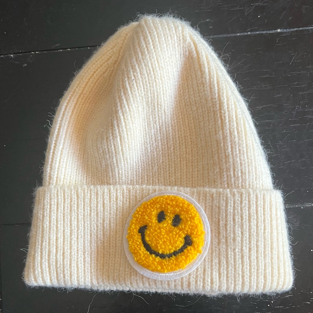 Cream Beanie with Yellow Smiley Patch